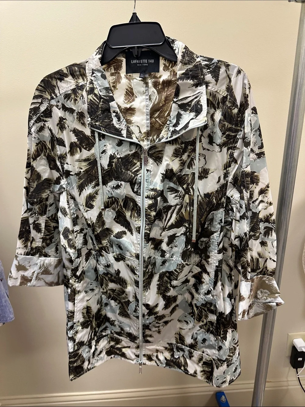 Lafayette 148 New York Feather-Print Utility Jacket in White, Black & Brown